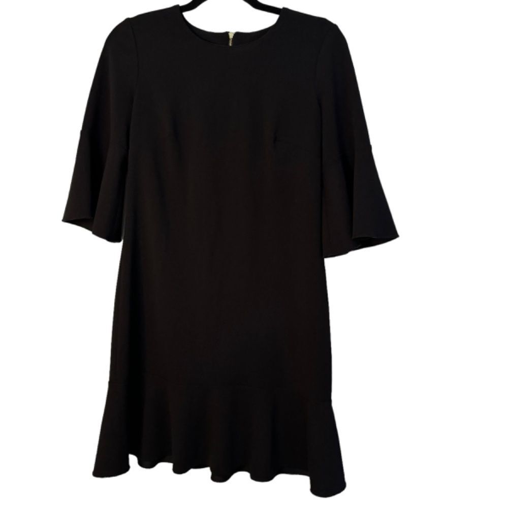 ELLEN TRACY Woman's Size 6 Black Bell Sleeve Ruffle Hem Exposed Back Zipper